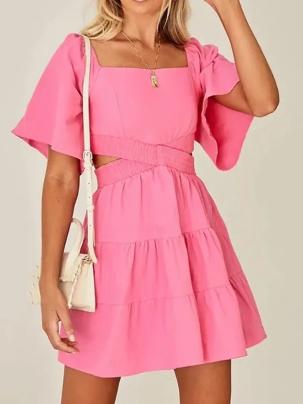 Shy Velvet Pink Square-Neck cut out waist Tiered Mini Dress size S